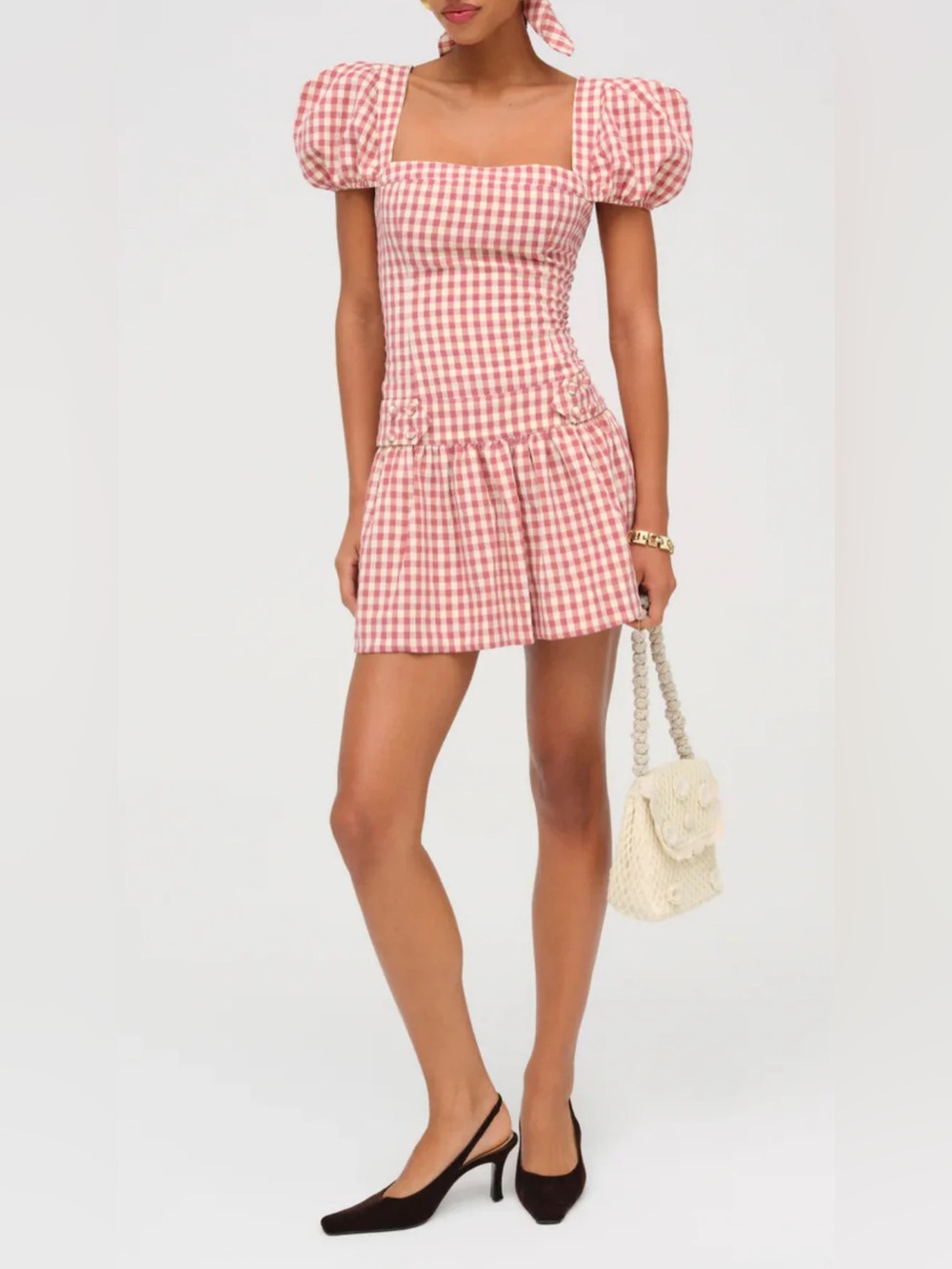 For Love & Lemons || Georgia Gingham Short Sleeve Mini Dress Mauve Pink Small‎